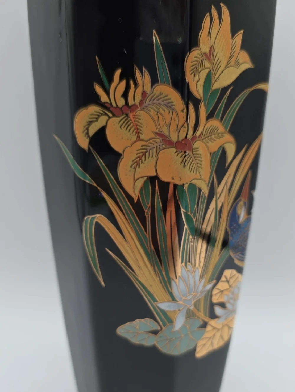 Large Black Porcelain Vase with Gold and Floral Detail | Vintage